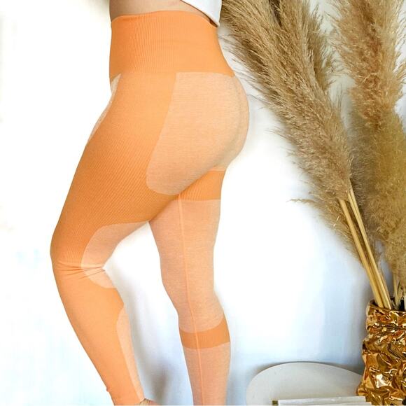 NEW Neon Orange Gold Colorblock Stripe Cutout Ribbed Knit High Rise Leggings L - Picture 12 of 13